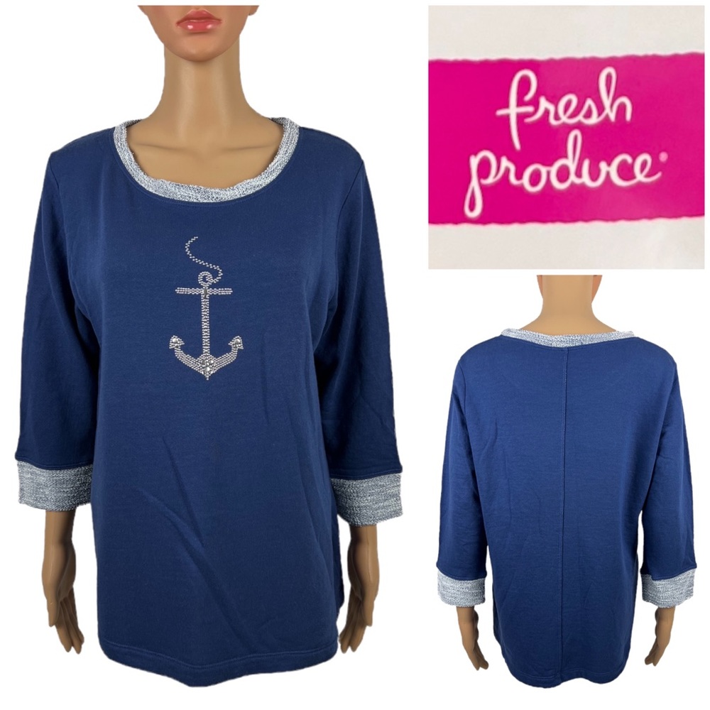 Fresh Produce Womens Small Sweatshirt Blue Anchor Terry Lined Made In USA NWT